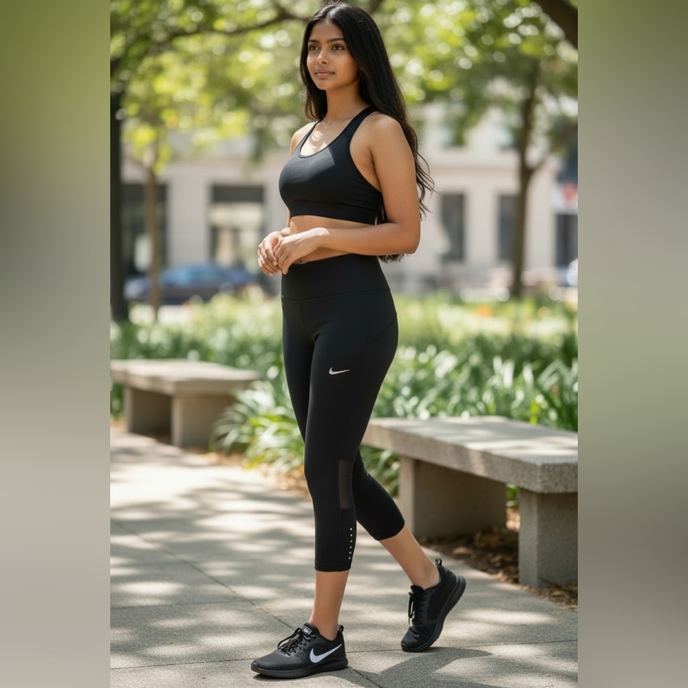 Nike Dri-Fit Black Capri Leggings Small Sheer Mesh Panels under knees in back